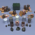 Public Facilities Including Various Trash Bins Garbage Bags And Cardboard Boxes