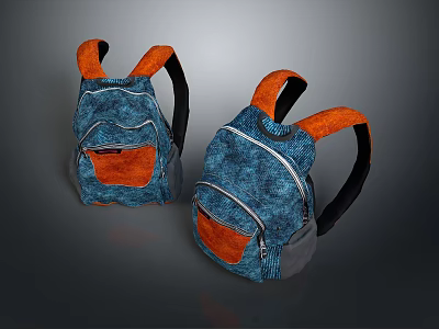 Two Blue And Orange Textured Backpacks With Orange Straps And Zipper Details 3d model
