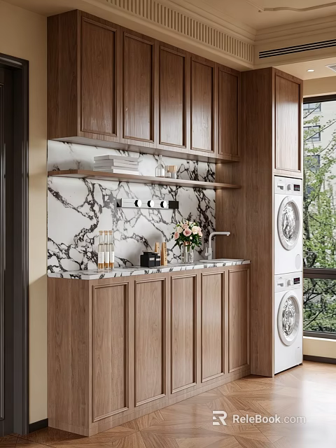 Wooden Sideboard With Marble Countertop Upper Shelf And Decorative Jars Fresh Flowers 3d model 