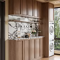 Wooden Sideboard With Marble Countertop Upper Shelf And Decorative Jars Fresh Flowers