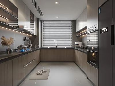 Elegant Modern Kitchen Interior Design With Wooden Cabinets Island Countertop And Appliances 3d model