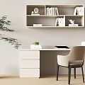 Modern Minimalist Desk With Chair Green Plant Tablet And Wall Shelf Including Books Decorations
