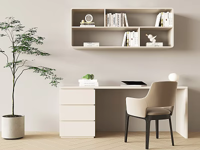 Modern Minimalist Desk With Chair Green Plant Tablet And Wall Shelf Including Books Decorations 3d model