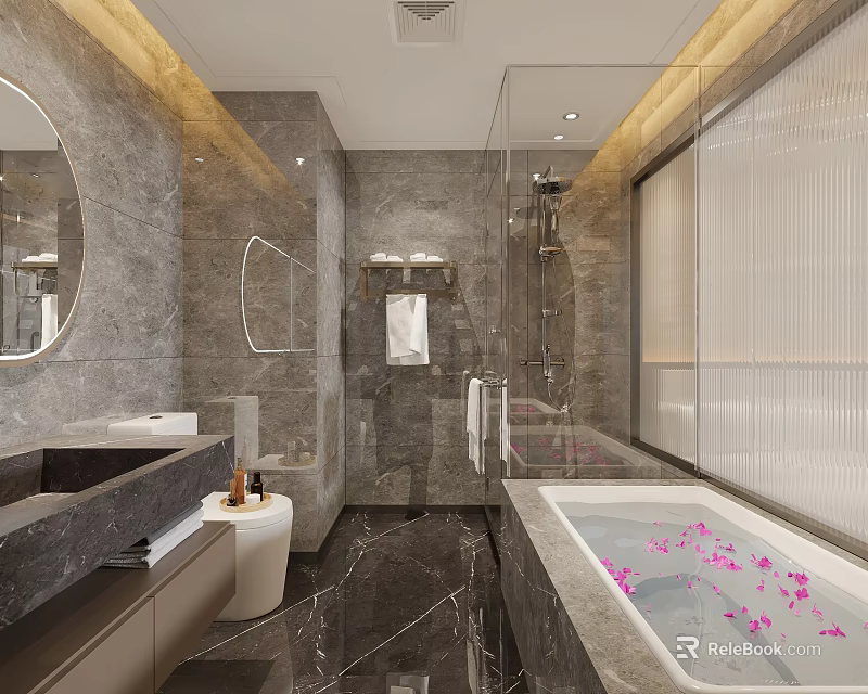 Luxurious Modern Hotel Bathroom Interior With Marble Walls Glass Shower And Bathtub With Flower Petals 3d model 