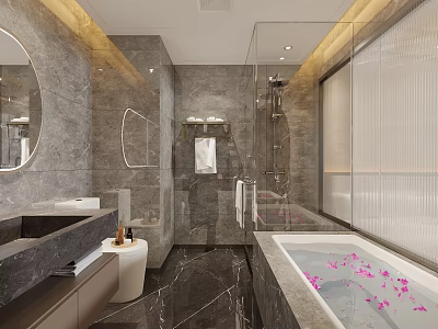Luxurious Modern Hotel Bathroom Interior With Marble Walls Glass Shower And Bathtub With Flower Petals 3d model