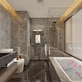 Luxurious Modern Hotel Bathroom Interior With Marble Walls Glass Shower And Bathtub With Flower Petals