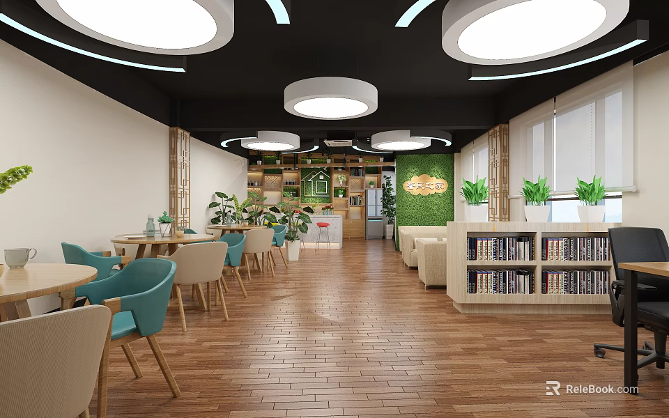 Inviting Lounge Area with Wooden Flooring Green Plants Bookshelves Tables Chairs and Round Ceiling Lights 3d model 