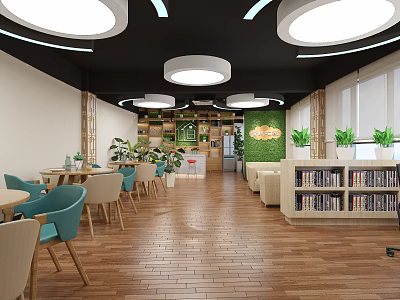 Inviting Lounge Area with Wooden Flooring Green Plants Bookshelves Tables Chairs and Round Ceiling Lights 3d model