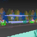 Modern Rest Station With Outdoor Seating Umbrellas Green Trees And People Activities