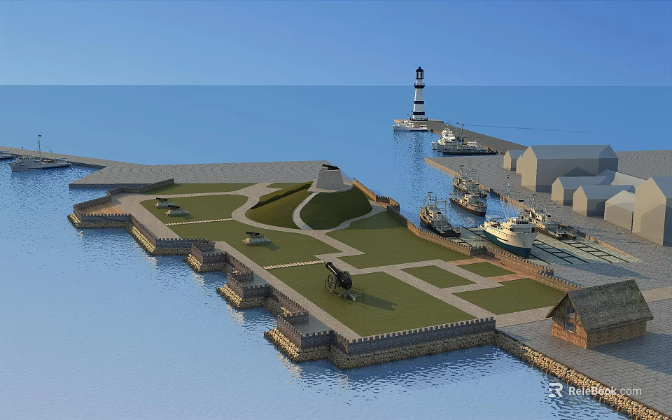 Scenic Coastal Landscape With Lighthouse Pier Green Lawn Boats And Nearby Buildings 3d model 