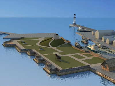 Scenic Coastal Landscape With Lighthouse Pier Green Lawn Boats And Nearby Buildings 3d model
