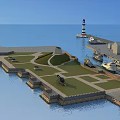 Scenic Coastal Landscape With Lighthouse Pier Green Lawn Boats And Nearby Buildings