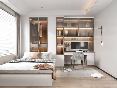 Modern Tatami Bedroom Interior Design With Glass Wardrobe Bookshelf Desk Chair And Lighting 3d model