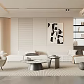 Modern Living Room Interior Featuring Beige Sofa Coffee Table Abstract Painting And Light Wood Shelving