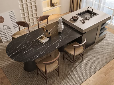 Modern Dining Table Combination Featuring Black Marble Top Wooden Chairs And Island Sink 3d model