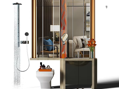 Modern Bathroom Vanity With Mirror Vase Flowers Toilet And Shower Fixtures 3d model