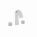 Modern Chrome Curved Spout Faucet With Wooden Wall Background And Handle Controls