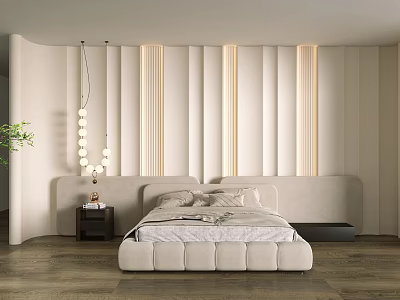 Modern Bedroom Beige Bed Accent Wall With Vertical Stripes And Soft Lighting Design 3d model
