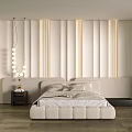Modern Bedroom Beige Bed Accent Wall With Vertical Stripes And Soft Lighting Design