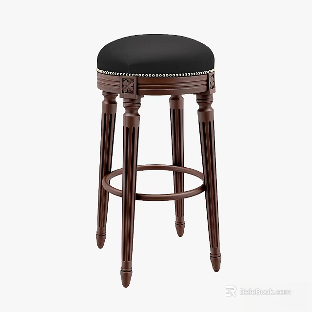 Classic Wooden Stool With Black Cushioned Seat Round Footrest And Decorative Carved Legs 3d model 