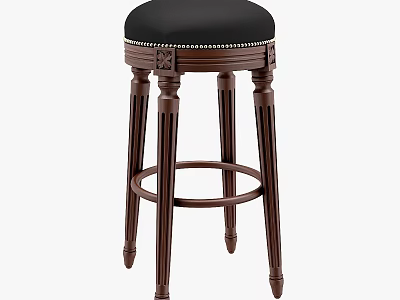 Classic Wooden Stool With Black Cushioned Seat Round Footrest And Decorative Carved Legs 3d model
