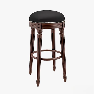 Classic Wooden Stool With Black Cushioned Seat Round Footrest And Decorative Carved Legs 3d model