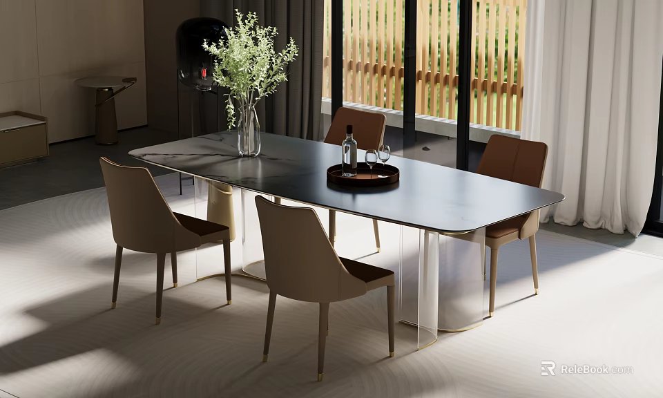 Modern Dining Room Interior With Rectangular Table Beige Chairs And Vase With Greenery 3d model 