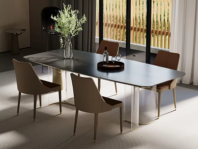 Modern Dining Room Interior With Rectangular Table Beige Chairs And Vase With Greenery 3d model
