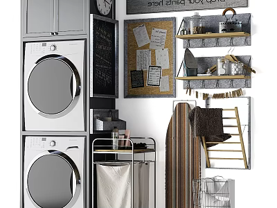 Modern Laundry Room Storage Design With Wall Cabinets And Shelving Units 3d model