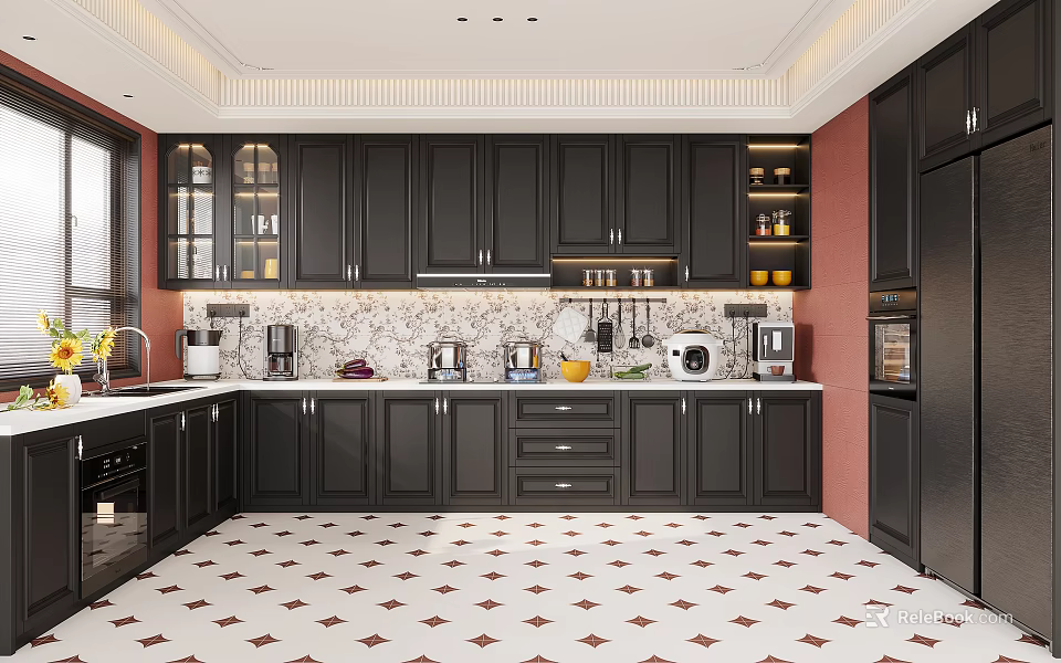 Modern Kitchen Interior Design With Black Cabinets Appliances Countertop And Tile Floor 3d model 