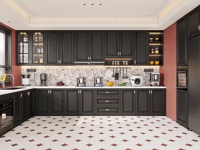 Modern Kitchen Interior Design With Black Cabinets Appliances Countertop And Tile Floor 3d model