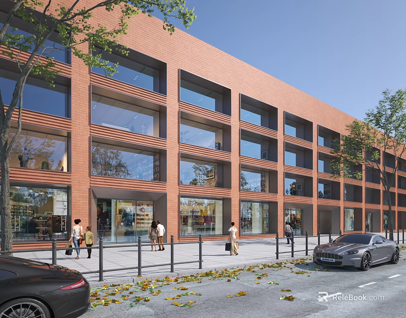 Red Brick Multi Storey Office Building With Glass Windows Along City Street 3d model 