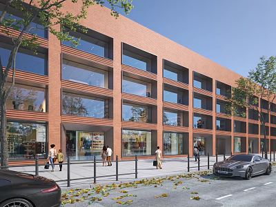 Red Brick Multi Storey Office Building With Glass Windows Along City Street 3d model