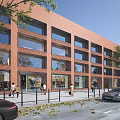 Red Brick Multi Storey Office Building With Glass Windows Along City Street