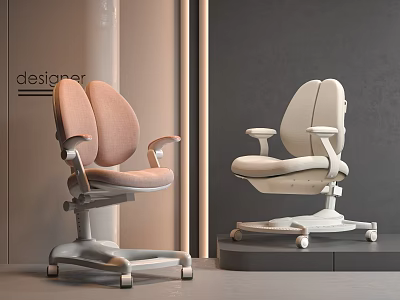 Ergonomic Designer Kids Chair Pastel Pink White With Armrests And Rolling Wheels 3d model
