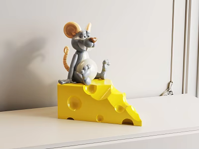 Cute Toy Mouse Sitting On Yellow Cheese With Holes On White Shelf 3d model