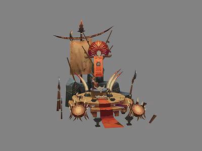 Ancient Tribal Throne with Decorative Banners Weapons Animal Bones Red Carpet and Glowing Orbs 3d model