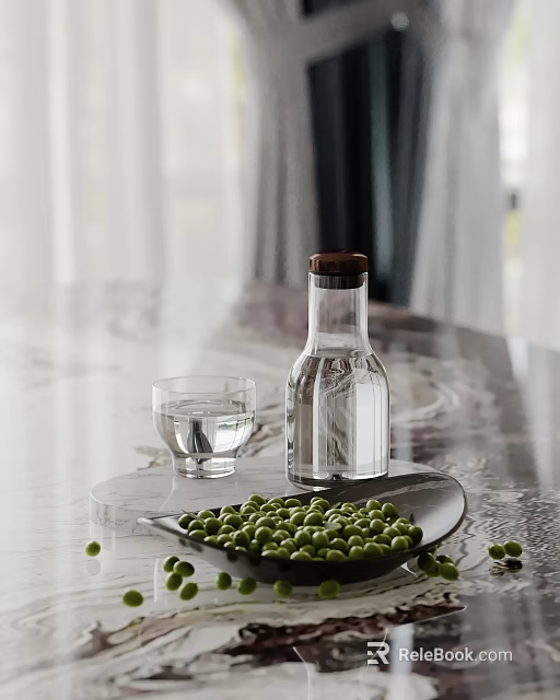 Decorative Ornament Set With Clear Glass Bottle Wooden Lid Glass Cup And Green Peas On Plate 3d model 