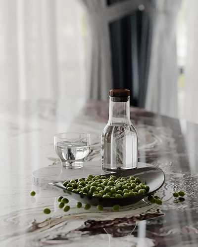 Decorative Ornament Set With Clear Glass Bottle Wooden Lid Glass Cup And Green Peas On Plate 3d model