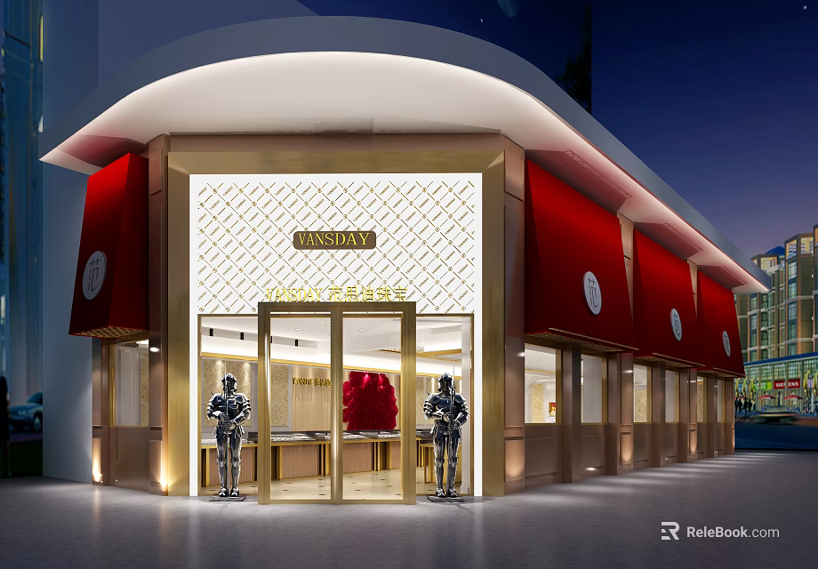 Luxury Jewelry Store With Red Awnings Golden Decorations Silver Statues And Bright Lighting 3d model 
