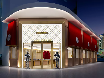 Luxury Jewelry Store With Red Awnings Golden Decorations Silver Statues And Bright Lighting 3d model
