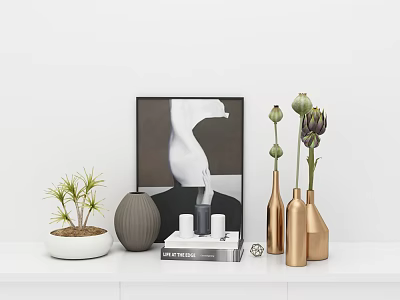 Modern Decorative Ornament Set With Ceramic Vases Metal Sculptures And Potted Plants 3d model