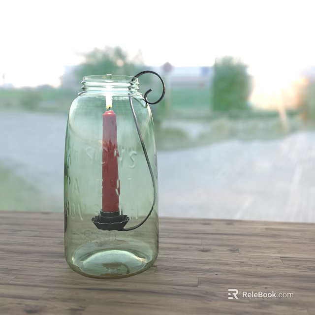 Ceramic Jar With Red Candle And Black Metal Ring On Wooden Tabletop Outdoor Scene 3d model 