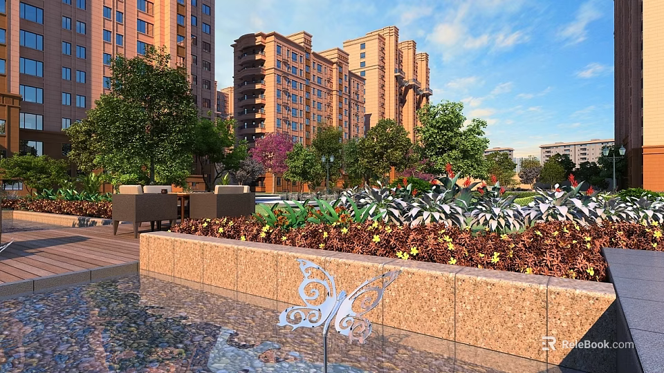 Modern Water Fountain with Butterfly Sculpture Lush Greenery and Seating Near High Rise Residential Buildings 3d model 