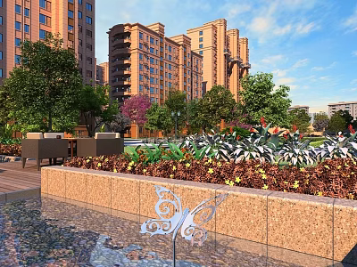 Modern Water Fountain with Butterfly Sculpture Lush Greenery and Seating Near High Rise Residential Buildings 3d model