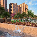 Modern Water Fountain with Butterfly Sculpture Lush Greenery and Seating Near High Rise Residential Buildings