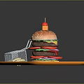 Giant Chicken Burger With Fries And Condiments On Orange Tray