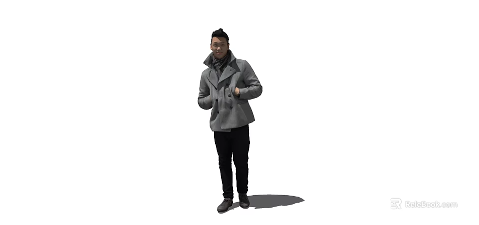 A Man Standing In White Background Wearing Gray Coat And Black Pants Adjusting Coat 3d model 