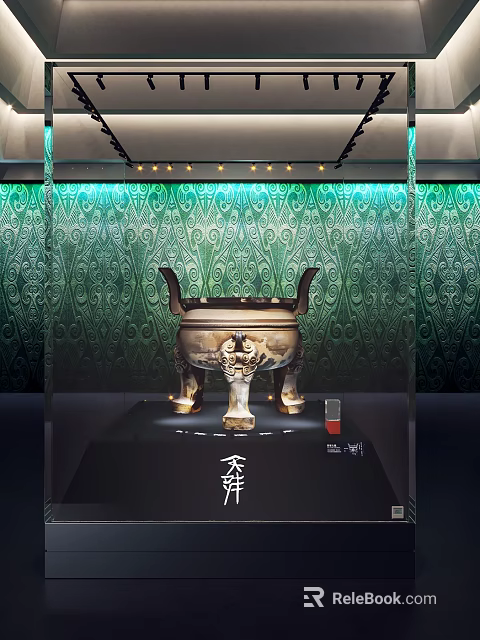 Ancient Bronze Ding Display in Museum with Green Ornate Patterned Wall and Spotlight Illumination 3d model 