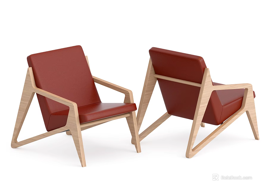 Two Modern Red Leather Accent Chairs With Wooden Frame And Minimalist Design 3d model 
